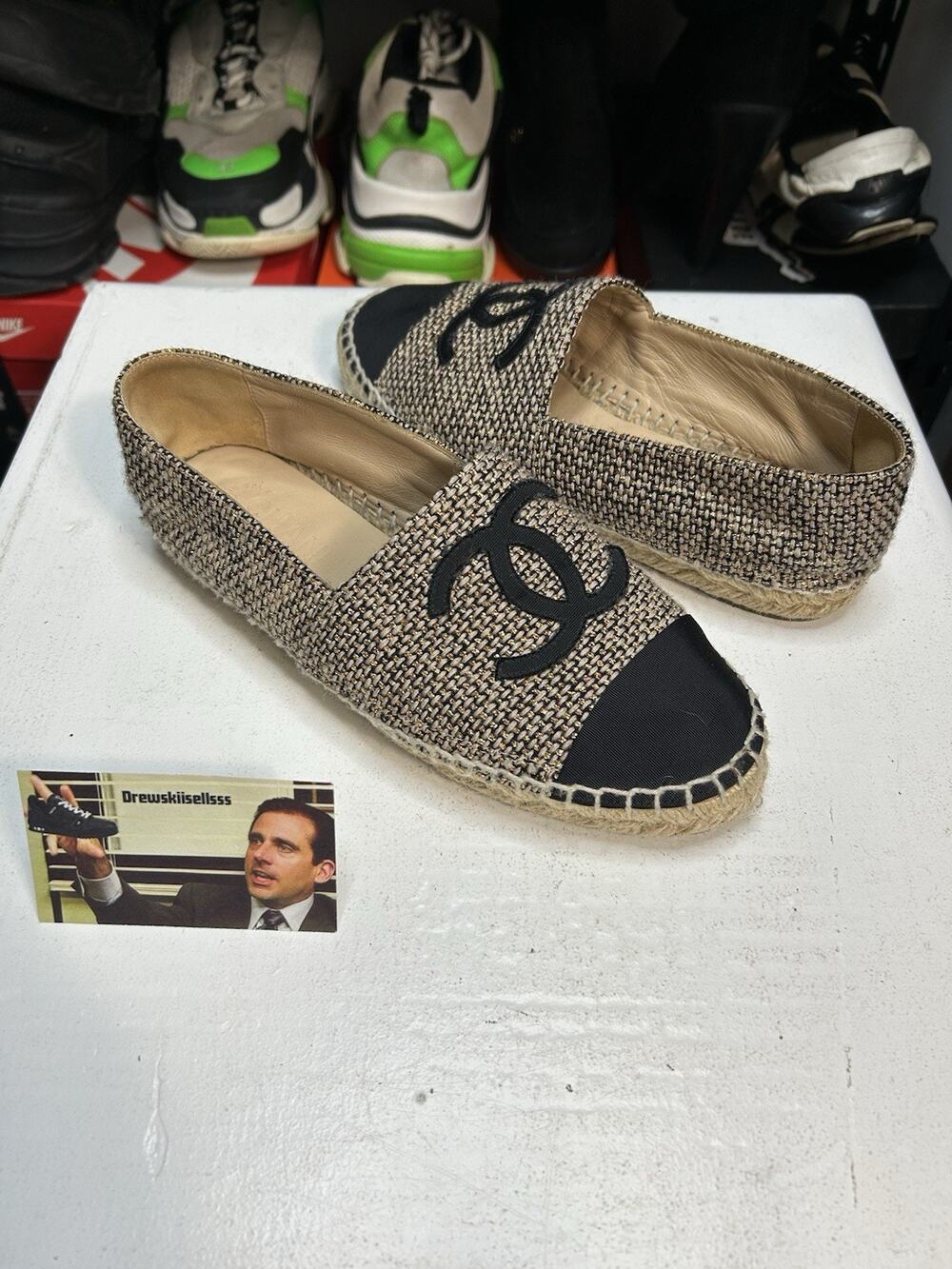 Chanel Tweed Espadrilles – Beige & Black CC Logo Size 37 EU / 6.5 US Womens